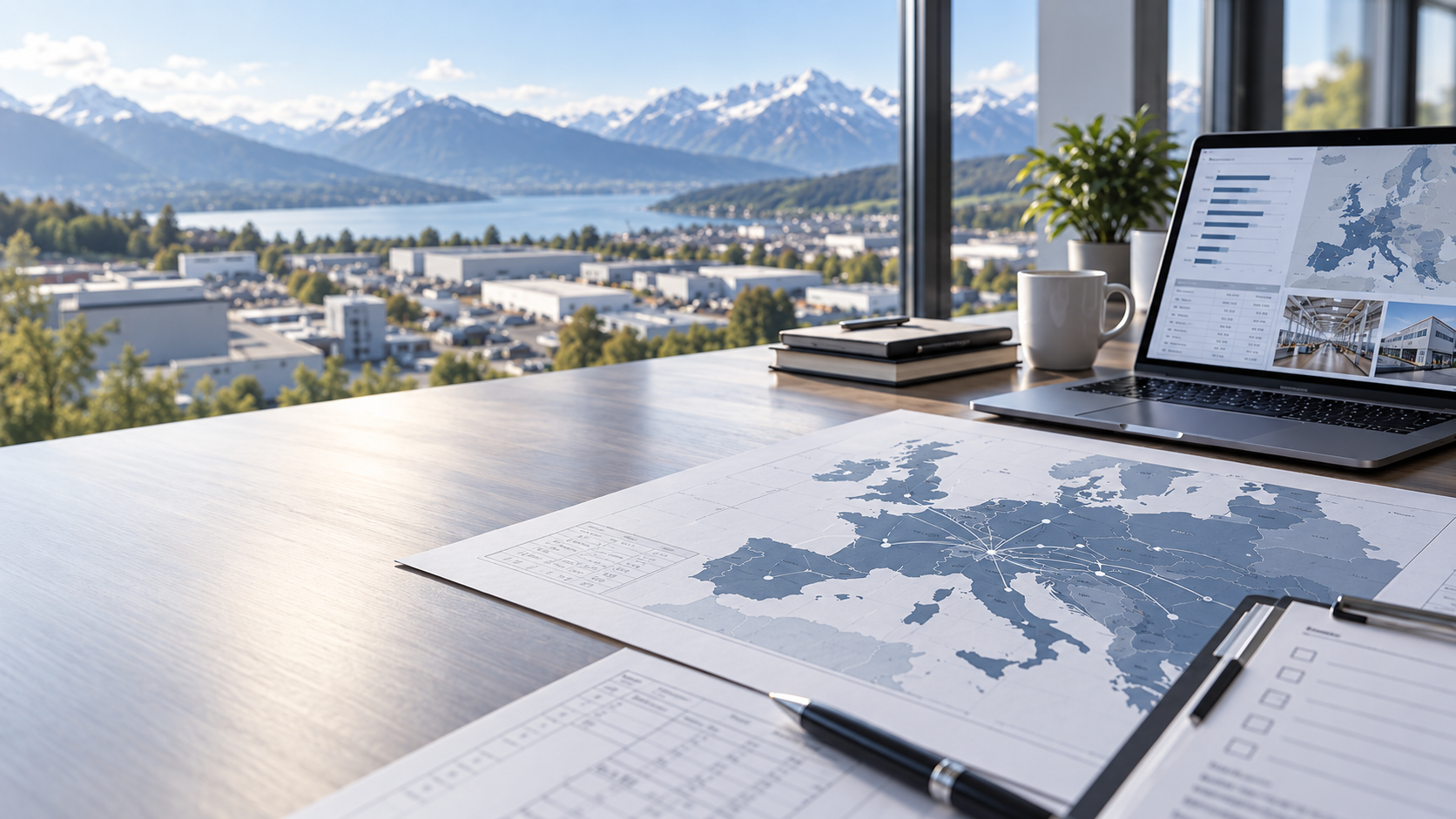 Arbeitsplatz mit Europakarte des Fertigungsnetzwerks und Blick auf die Schweizer Alpen